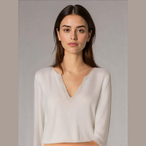 Sigrid Olsen cream V-neck sweater with sequin trim on collar & sleeve, Med, NWOT